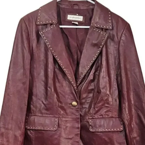 VTG 90s Preston & York Soft Leather Lambskin Maroon Studded Jacket Size Large - Picture 3 of 7